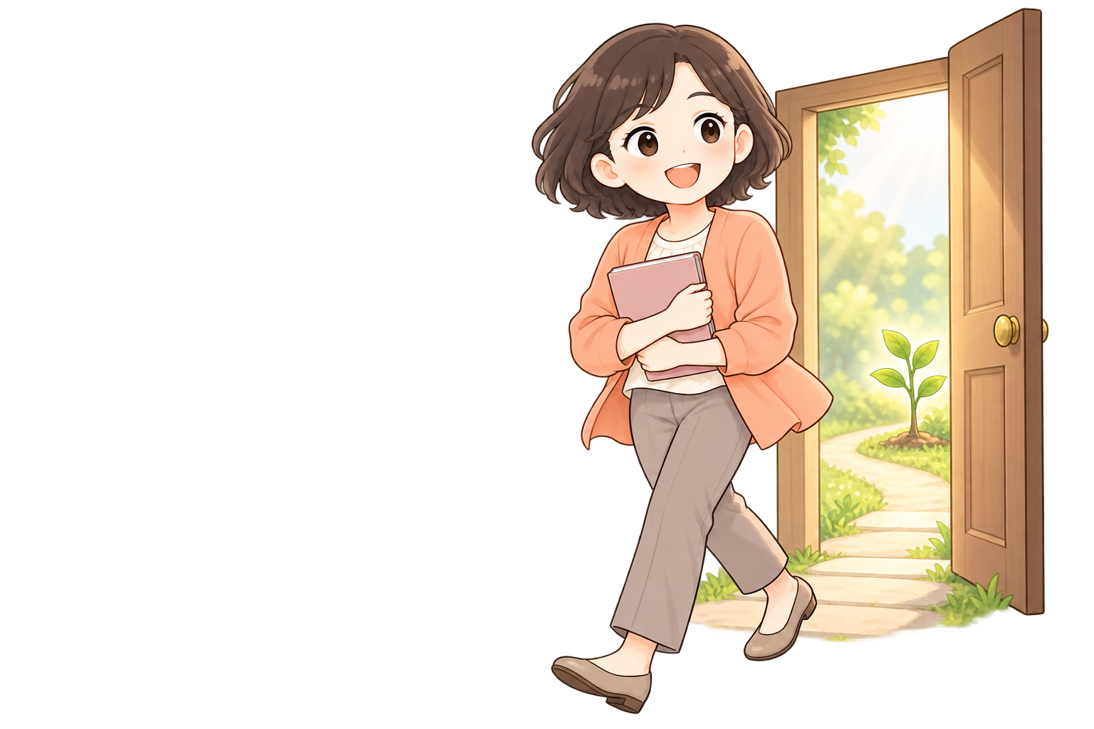 お客さまが笑顔でノートを抱え、開いた扉の先の若木と明るい道へ、新しい一歩を踏み出しています