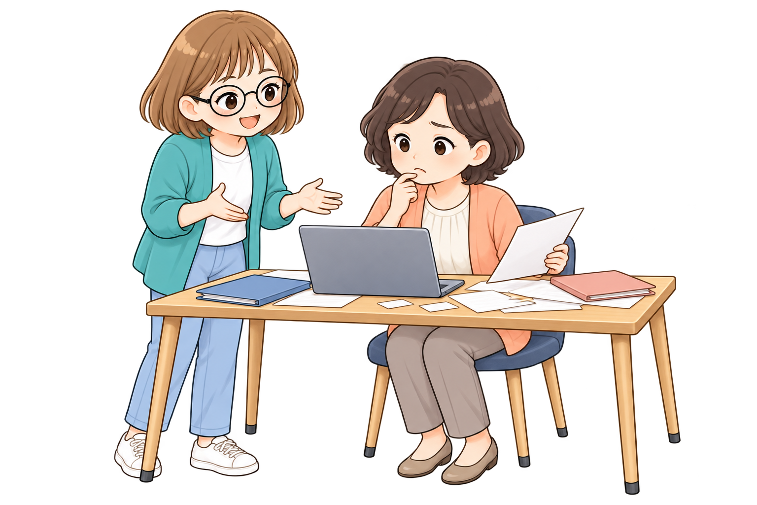 書類がたまった机で困っているお客さまに、案内役が寄り添って話を聞いています